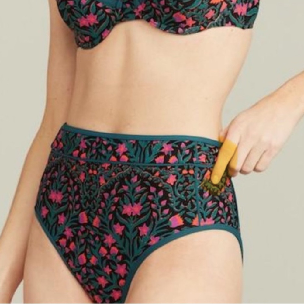Roller Rabbit Teal Floral High-Waist Bikini Bottom with Pink Accents
